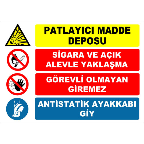 Patlayıcı Madde Deposu Sigara ve Açık Alevle Yaklaşma Görevli Olmayan Giremez Antistatik Ayakkabı Giy İşareti Levhası Tabelası Etiketi ZY2382