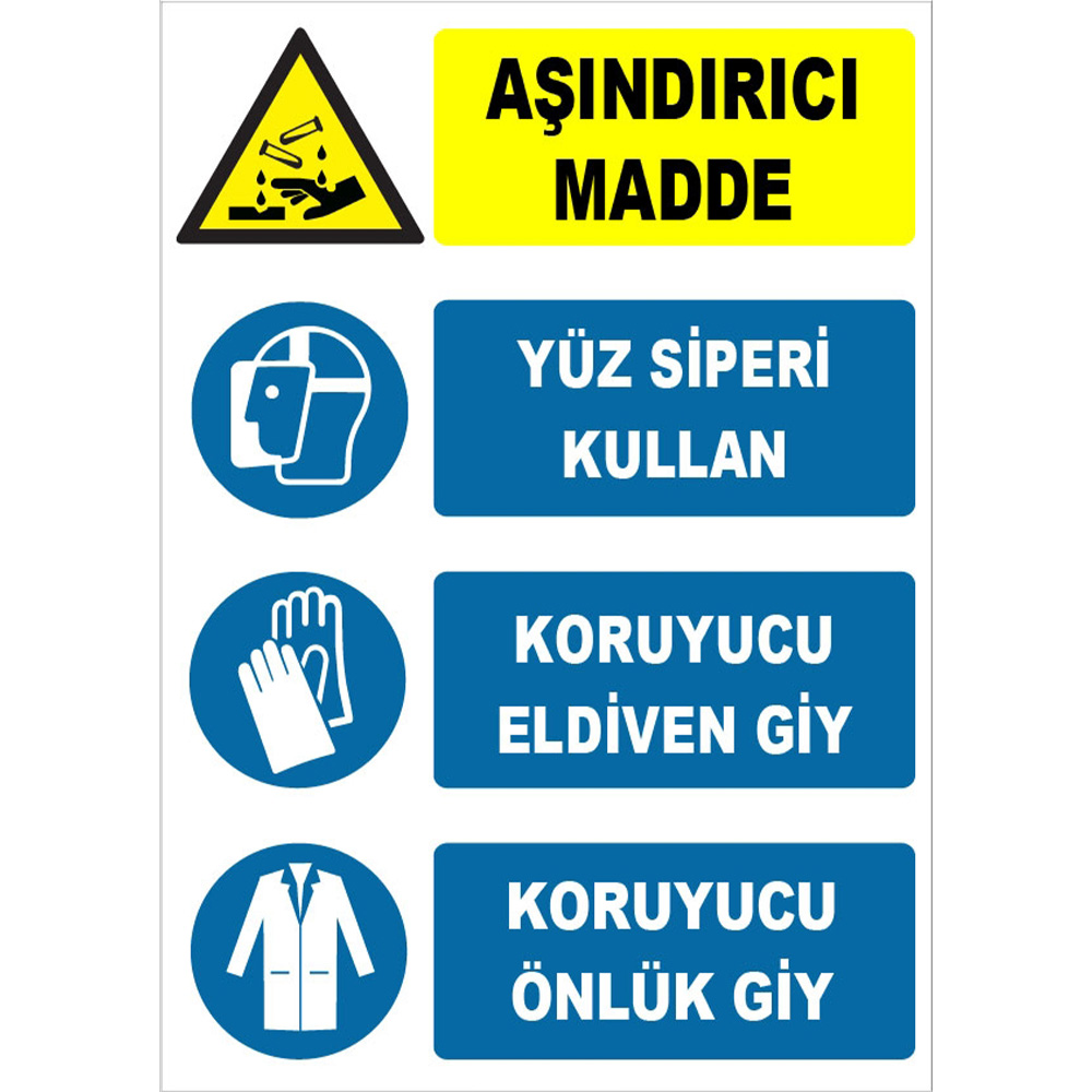 Aşındırıcı Madde Yüz Siperi Kullan Koruyucu Eldiven Giy Önlük Giy İşareti Levhası Tabelası Etiketi ZY1924