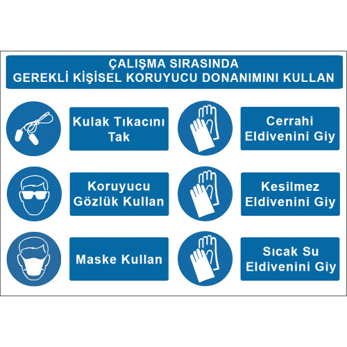 Çalışma Sırasında Gerekli KKD'yi Kullan Kulak Tıkacı Gözlük Maske Cerrahi Kesilmez Sıcak Su Eldiveni İşareti Levhası Tabelası Etiketi KKD4053