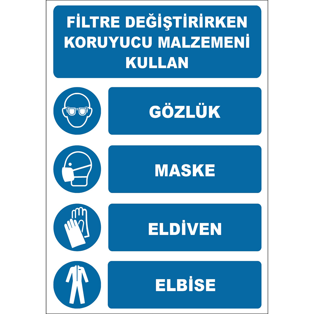 Filtre Değiştirirken Koruyucu Malzemeni Kullan Gözlük Maske Eldiven Elbise İşareti Levhası Tabelası Etiketi EF1938