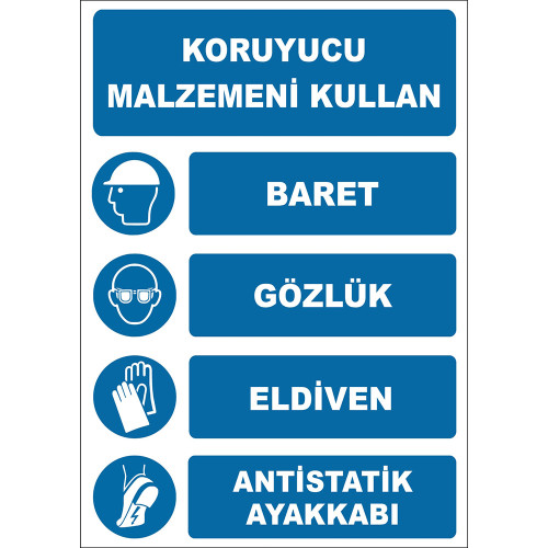 Koruyucu Malzemeni Kullan Baret Gözlük Eldiven Antistatik Ayakkabı İşareti Levhası Tabelası Etiketi EF1940