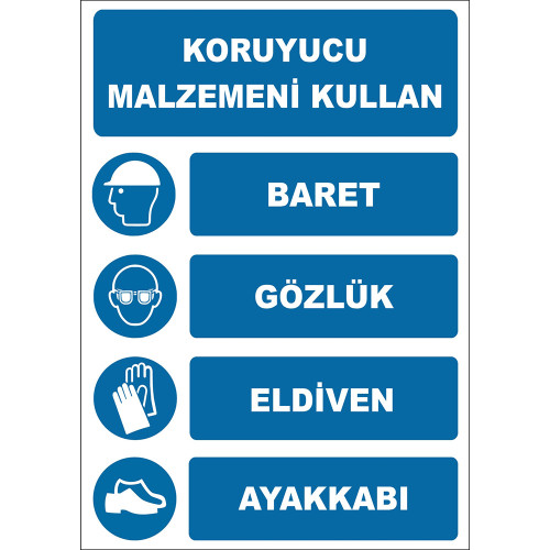 Koruyucu Malzemeni Kullan Baret Gözlük Eldiven Ayakkabı İşareti Levhası Tabelası Etiketi EF1939