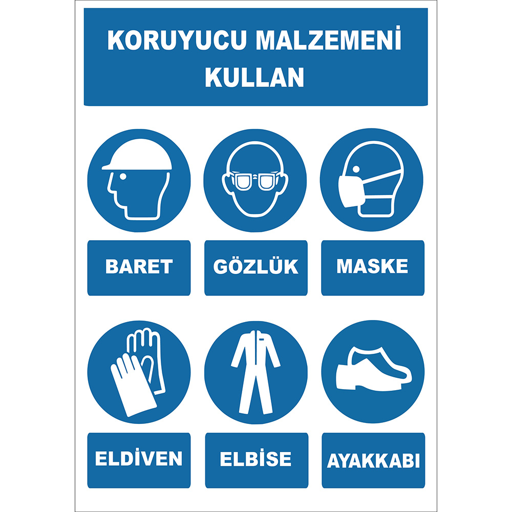 Koruyucu Malzemeni Kullan Baret Gözlük Maske Eldiven Elbise Ayakkabı İşareti Levhası Tabelası Etiketi EF1927