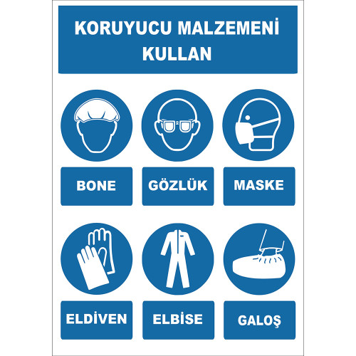 Koruyucu Malzemeni Kullan Bone Gözlük Maske Eldiven Elbise Galoş İşareti Levhası Tabelası Etiketi EF1928