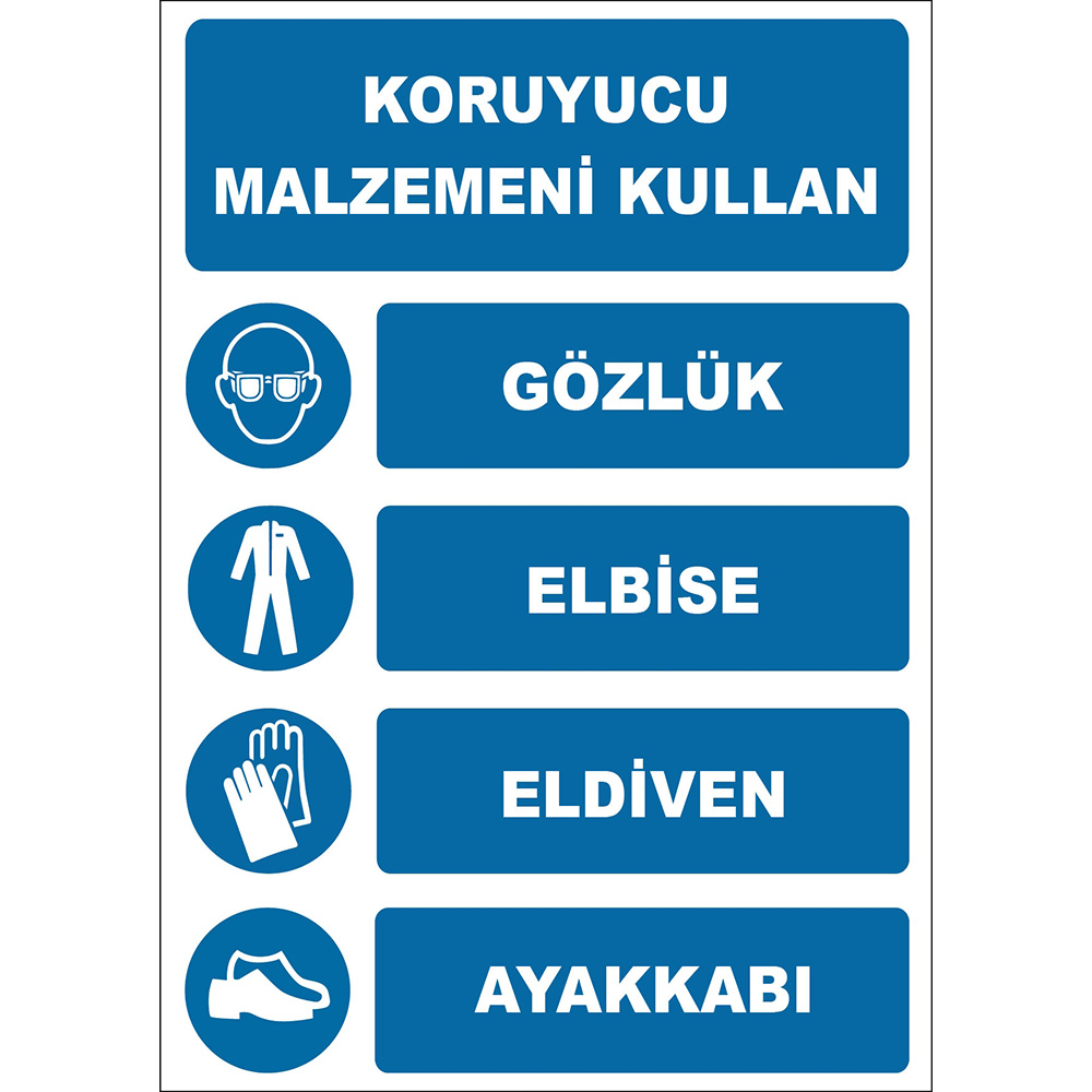 Koruyucu Malzemeni Kullan Gözlük Elbise Eldiven Ayakkabı İşareti Levhası Tabelası Etiketi EF1936