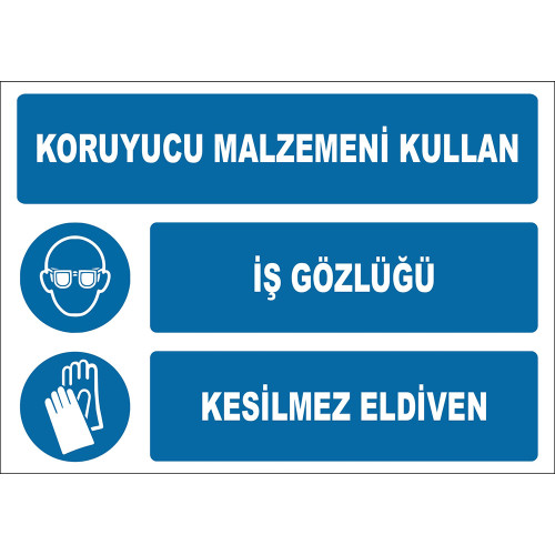 Koruyucu Malzemeni Kullan İş Gözlüğü Kesilmez Eldiven İşareti Levhası Tabelası Etiketi EF1925