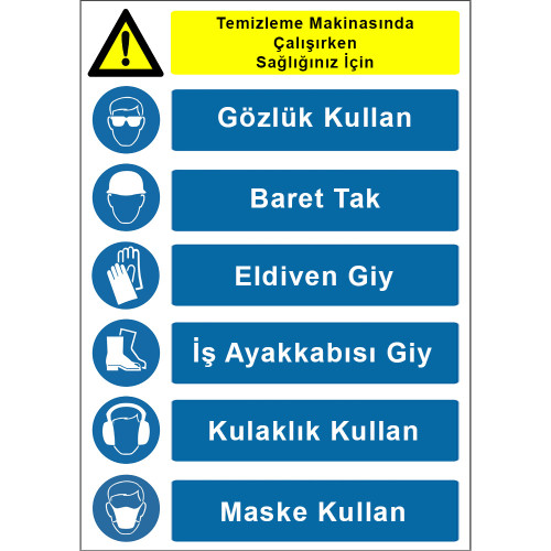 Temizleme Makinasında Çalışırken KKD Kullan İşareti Levhası Tabelası Etiketi KKD4054