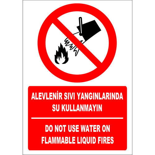 Turkish English Do Not Use Water in Flaring Liquid Substance Fires Sign Board Label EF1323