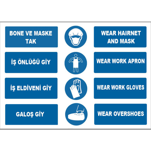 Türkçe İngilizce Bone Maske İş Önlüğü İş Eldiveni Galoş İşareti Levhası Tabelası Etiketi ZY1493