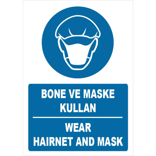 Türkçe İngilizce Bone ve Maske Kullan İşareti Levhası Tabelası Etiketi ZY1487