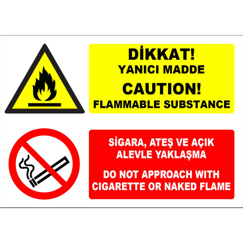 Turkish English Caution Flammable Substance Cigarette Fire and Open Flame Approach Sign Board Label EF1198