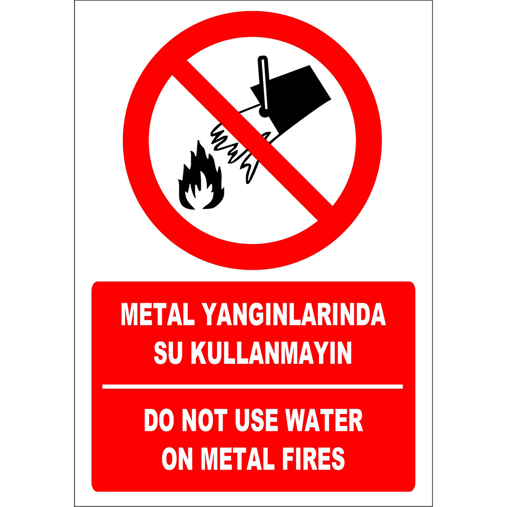 Turkish English Do Not Use Water in Metal Fires Sign Board Label EF1322